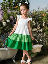 1pc Girls Tricolor Patchwork Flyaway Sleeve Casual Beach Dress, Summer
